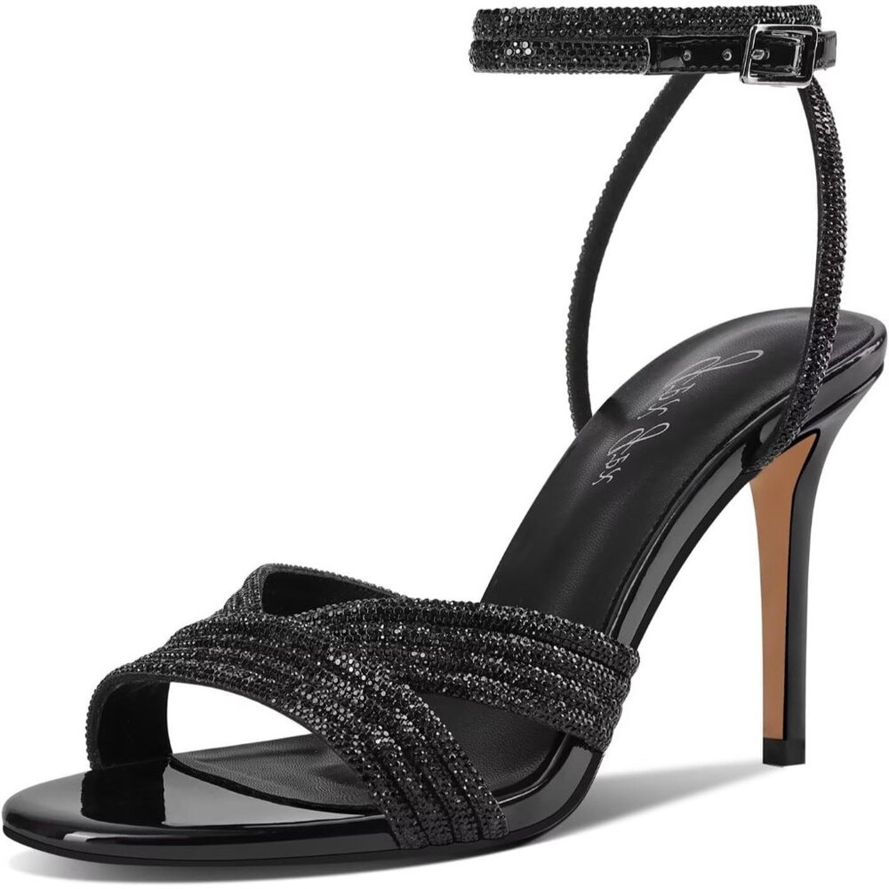 Women's Black Rhinestone High Heel Sandals Sparkly Stilettos Heeled Strap